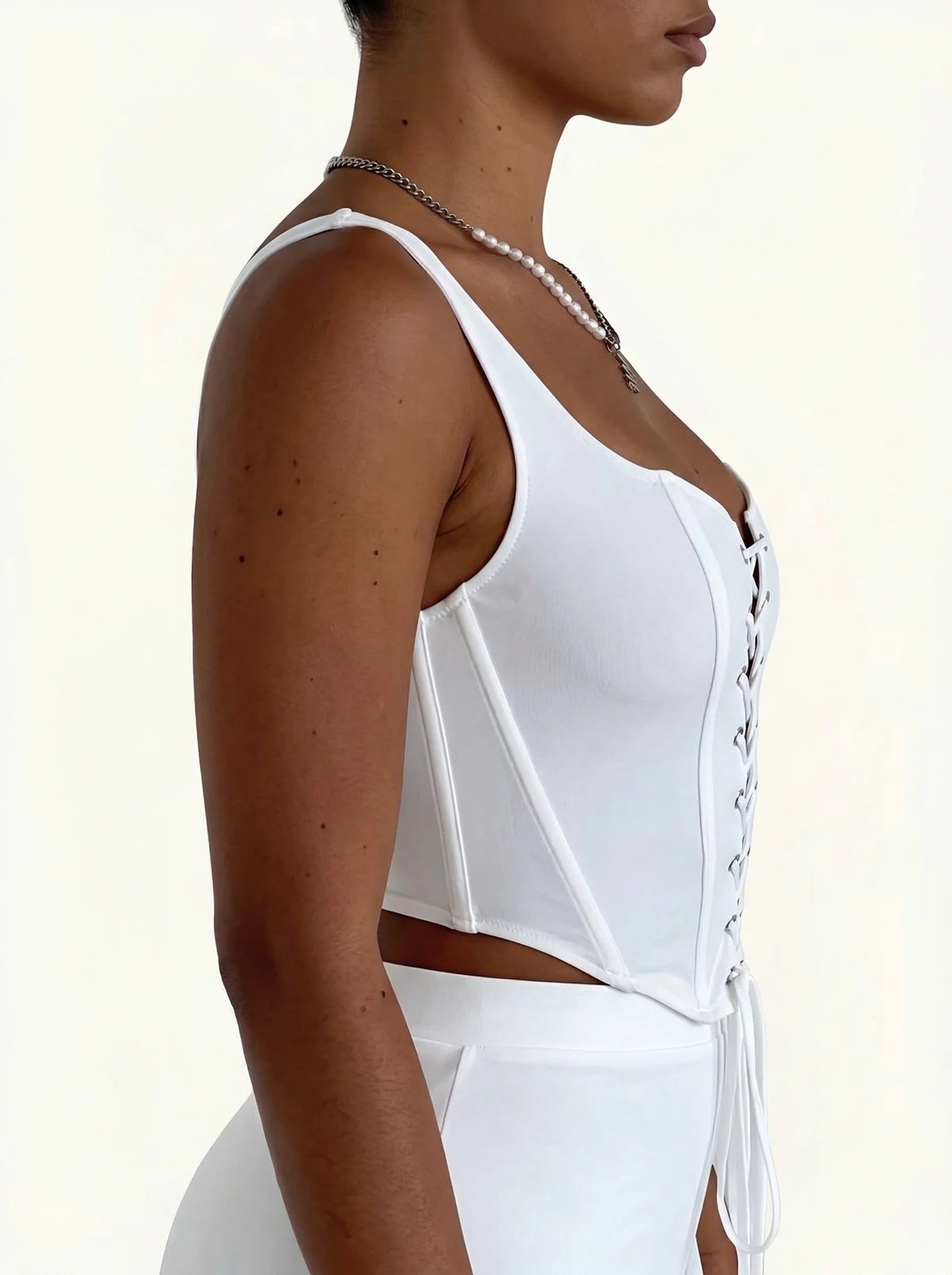 Corset Femme Blanc à Décolleté Plongeant - Vue profil (curvy)