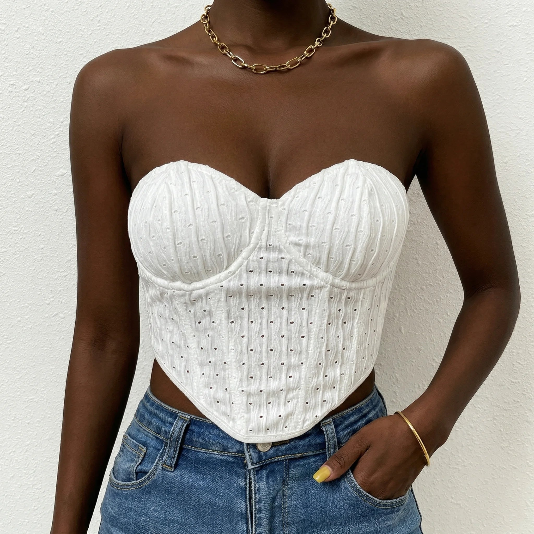 Corset Femme Blanc à Pois Style Top - Vue face (curvy)