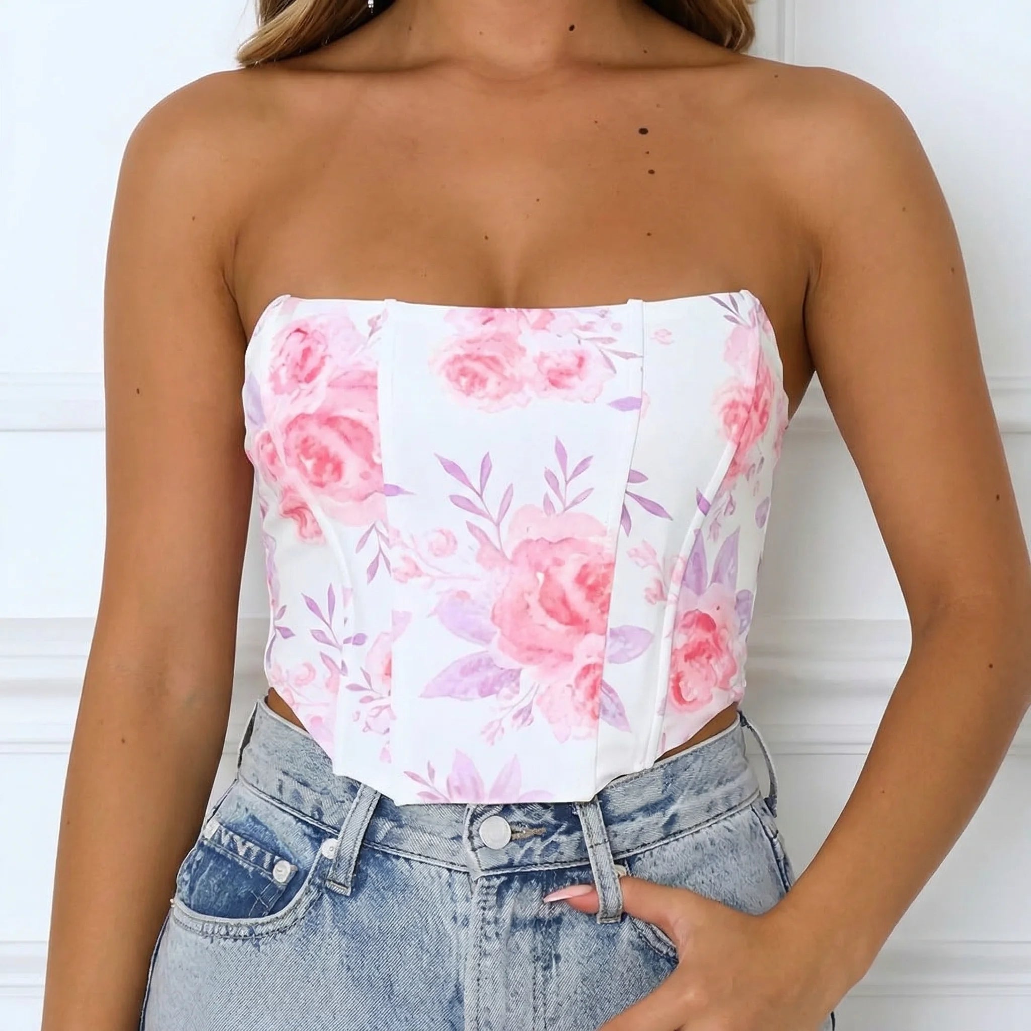 Corset Femme Haut Blanc Fleuri - Vue face (moyenne)