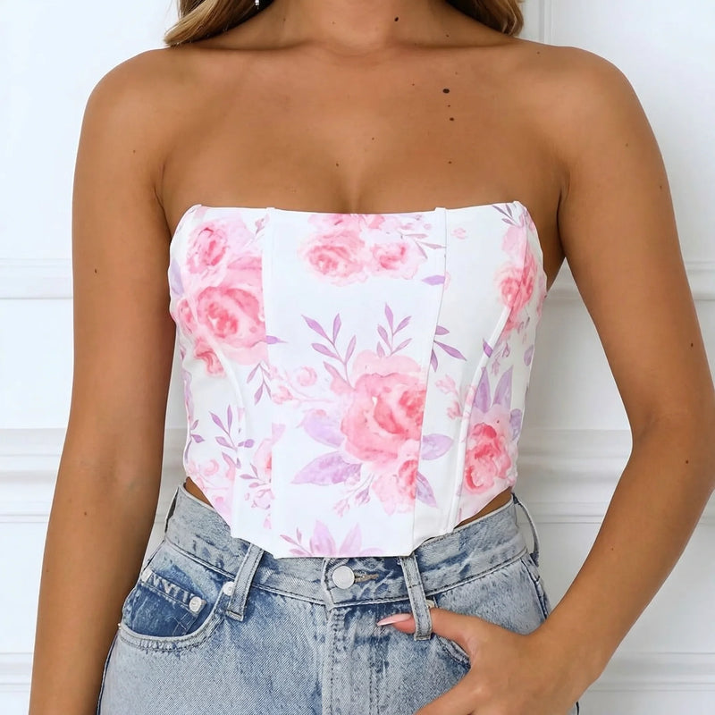 Corset Femme Haut Blanc Fleuri - Vue face (moyenne)
