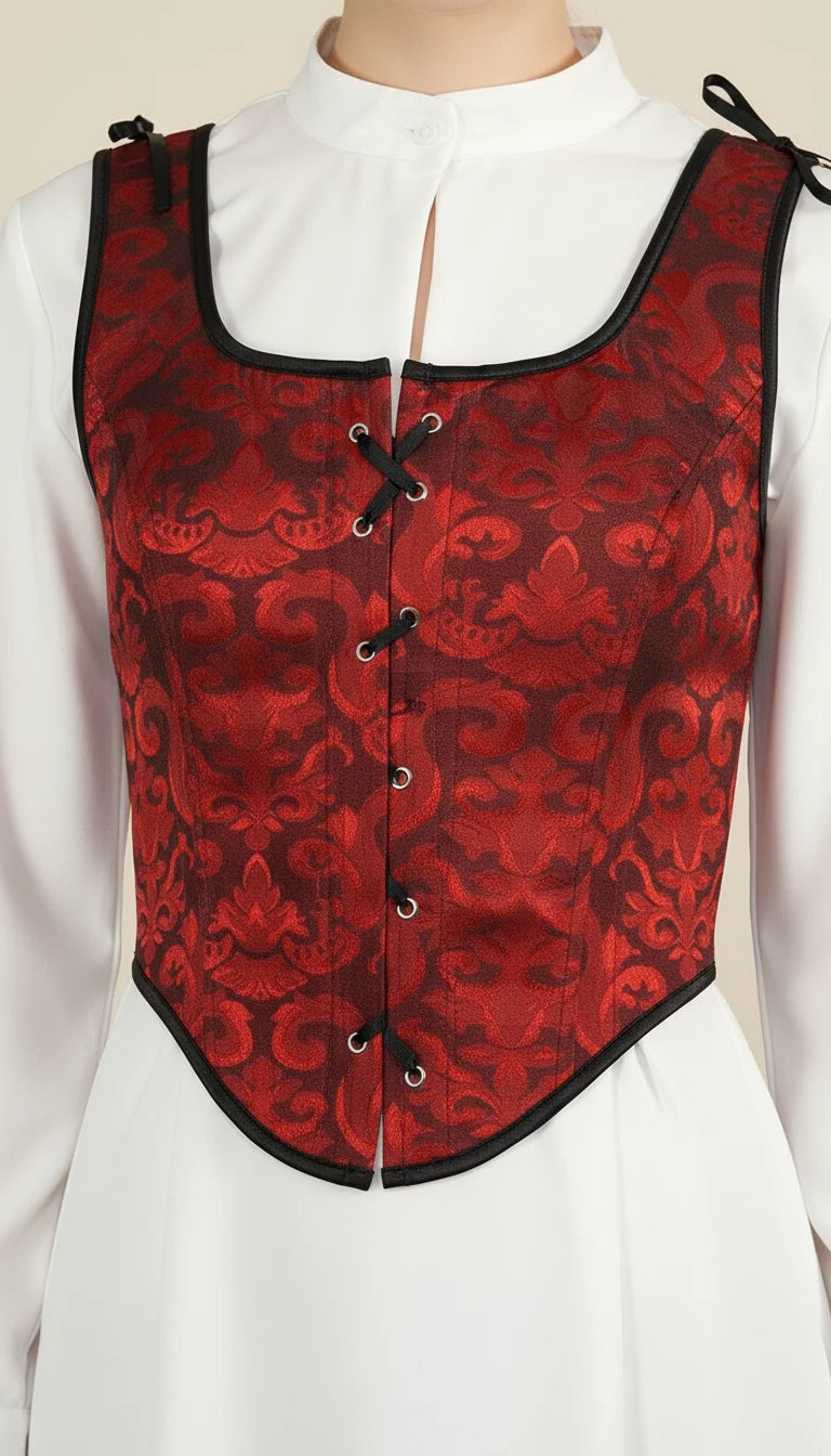 Corset Gilet Brocart Rouge - Vue face