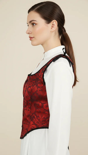 Corset Gilet Brocart Rouge - Vue profil