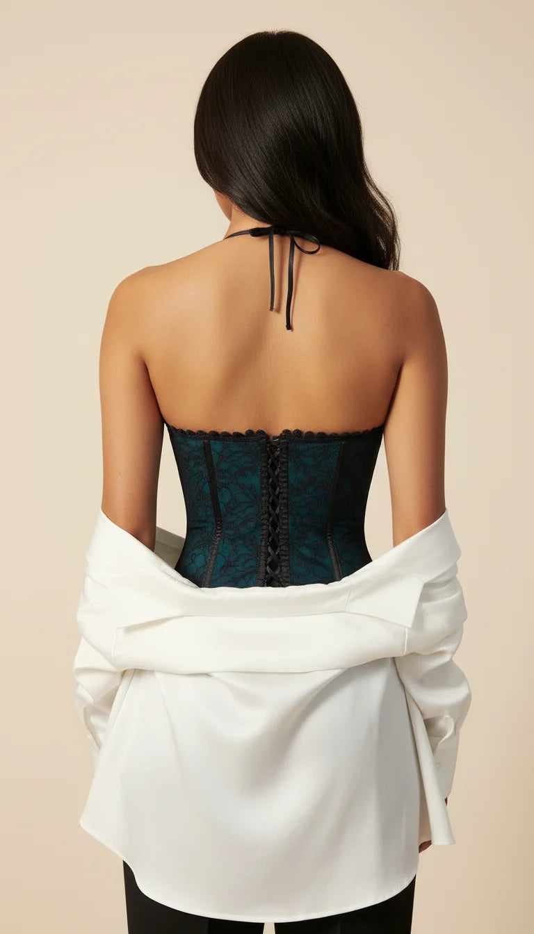 Corset Halter Dentelle Bleu Pétrole - Vue dos