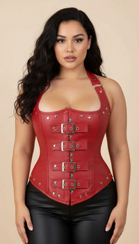 Corset Halter Similicuir Rouge