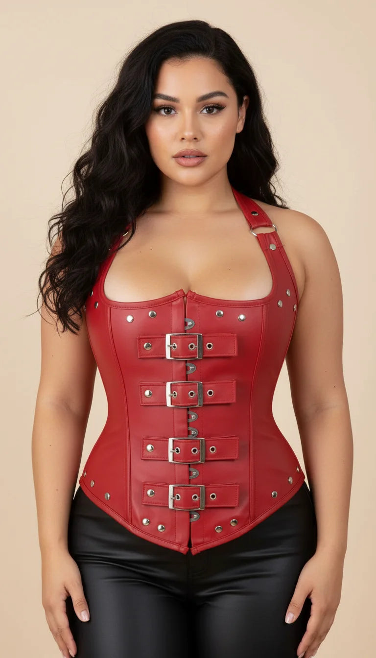 Corset Halter Similicuir Rouge