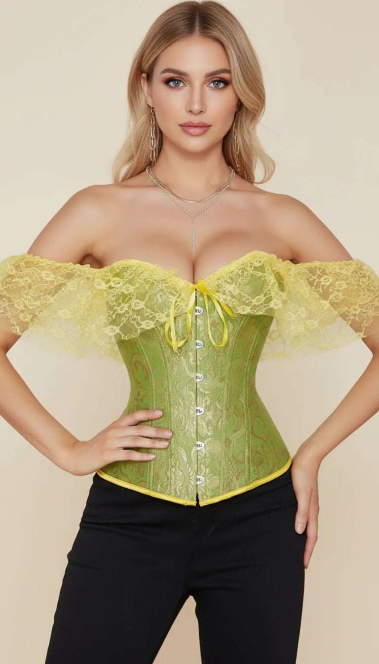 Corset Jacquard Manches Volants Vert Céladon