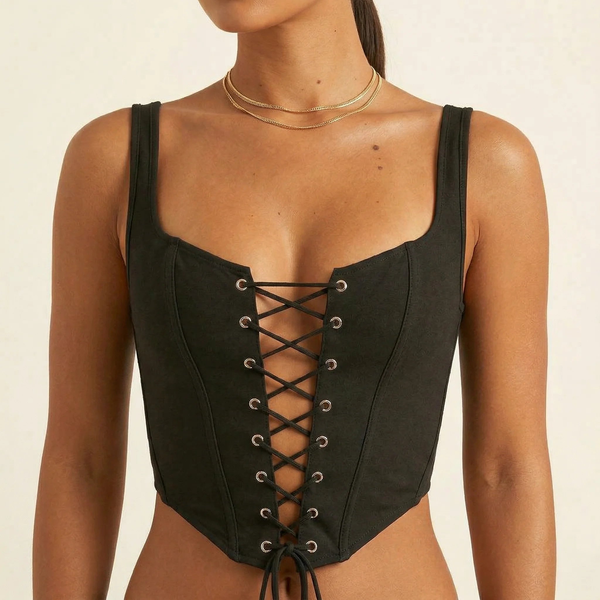 Corset Noir à Décolleté Plongeant - Vue face (petite)