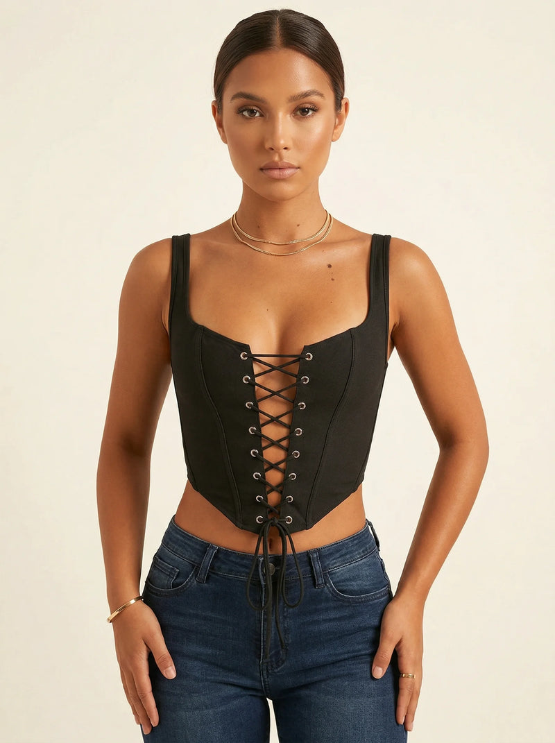Corset Noir à Décolleté Plongeant - Vue principale (petite)