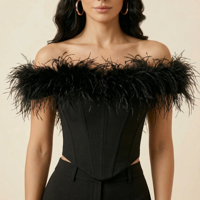 Corset Noir à Plumes - Vue face (moyenne)