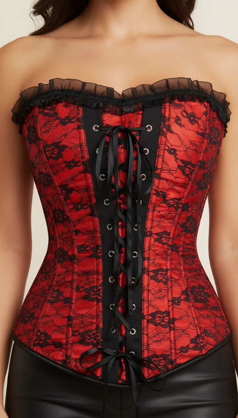 Corset Overbust Dentelle Rouge Noir - Vue face