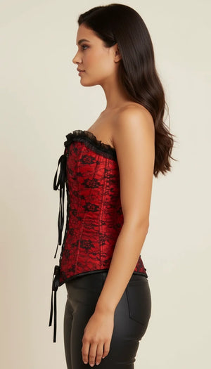 Corset Overbust Dentelle Rouge Noir - Vue profil