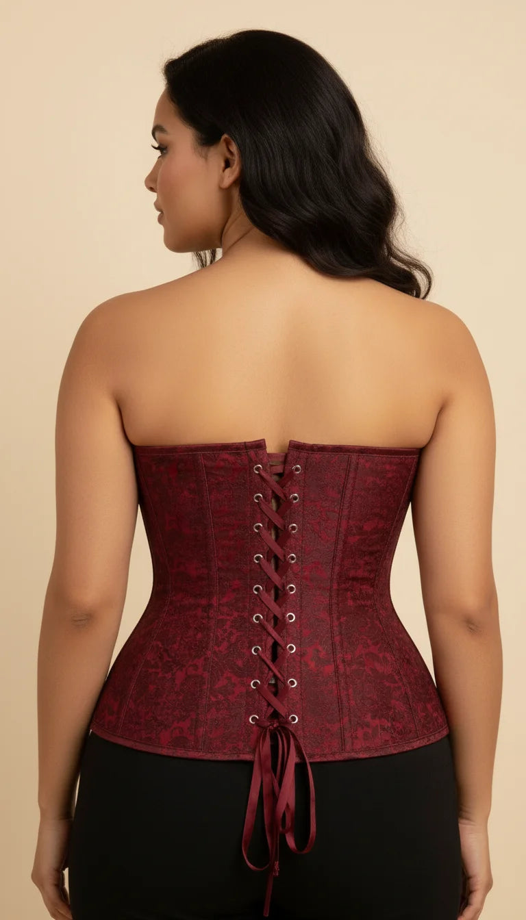 Corset Overbust Jacquard Rouge Floral - Vue dos