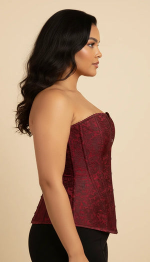 Corset Overbust Jacquard Rouge Floral - Vue profil