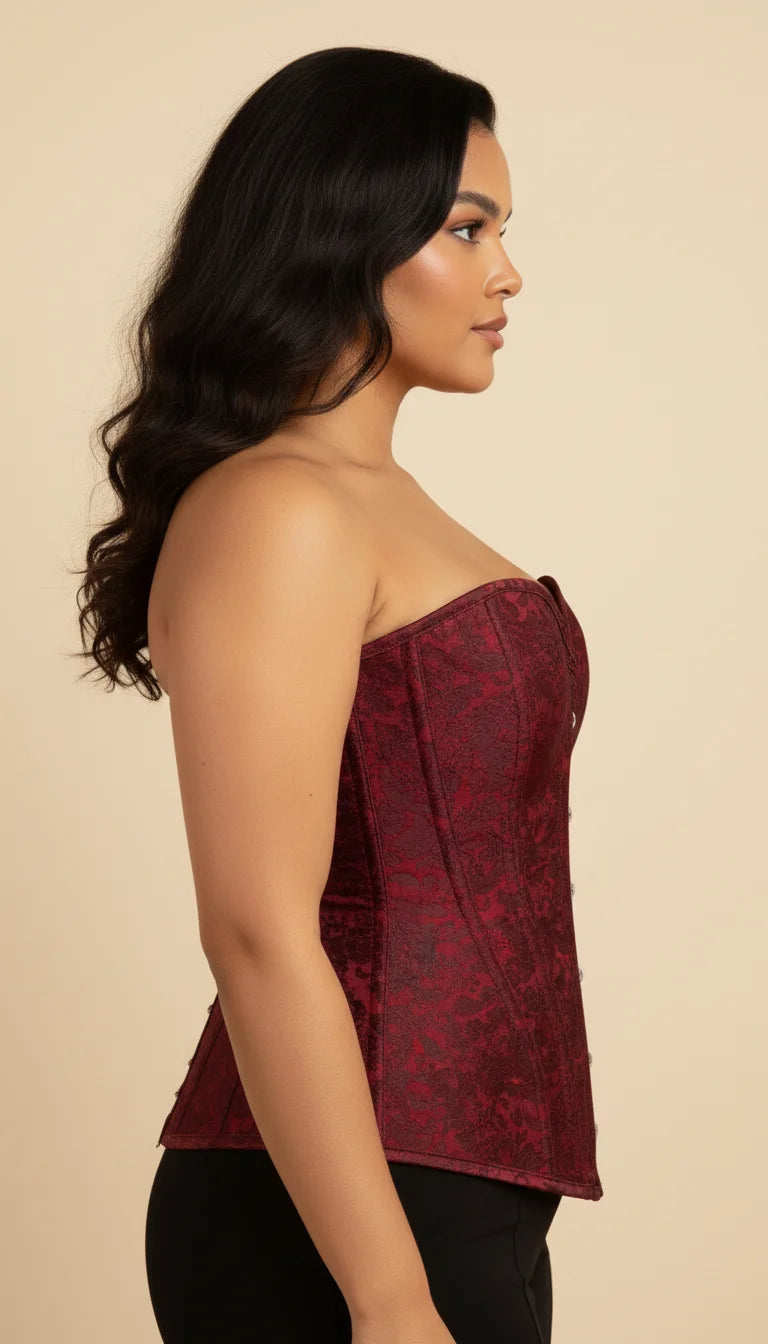 Corset Overbust Jacquard Rouge Floral - Vue profil
