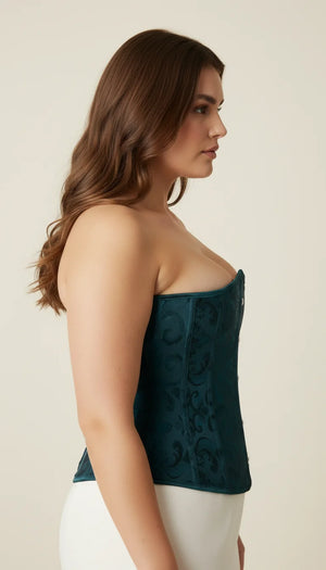 Corset Overbust Jacquard Vert Pétrole - Vue profil
