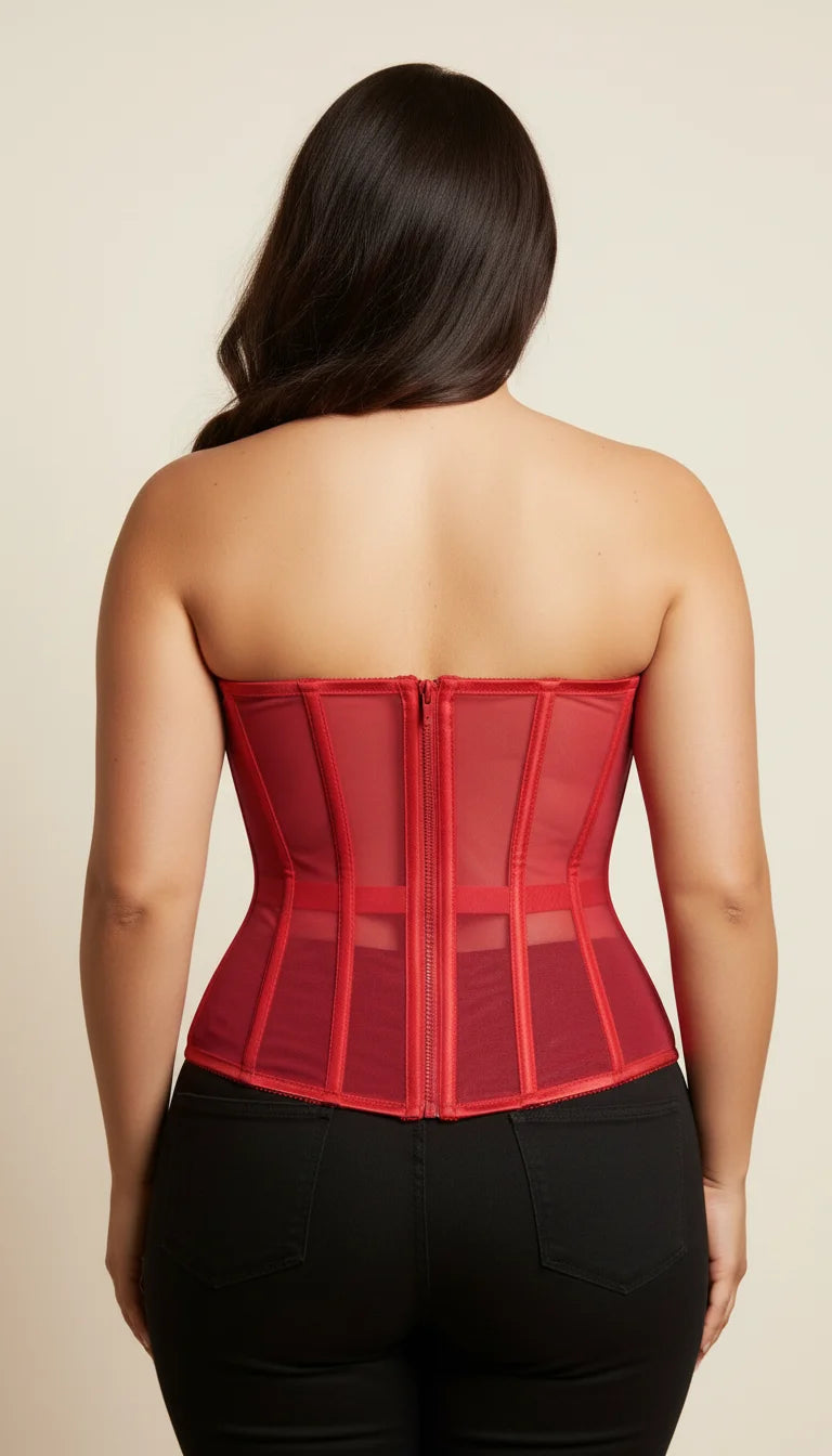 Corset Overbust Maille Satin Rouge - Vue dos