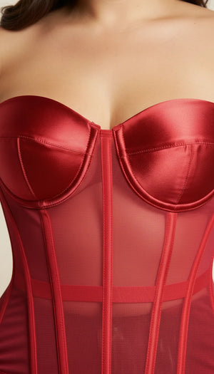 Corset Overbust Maille Satin Rouge - Vue face