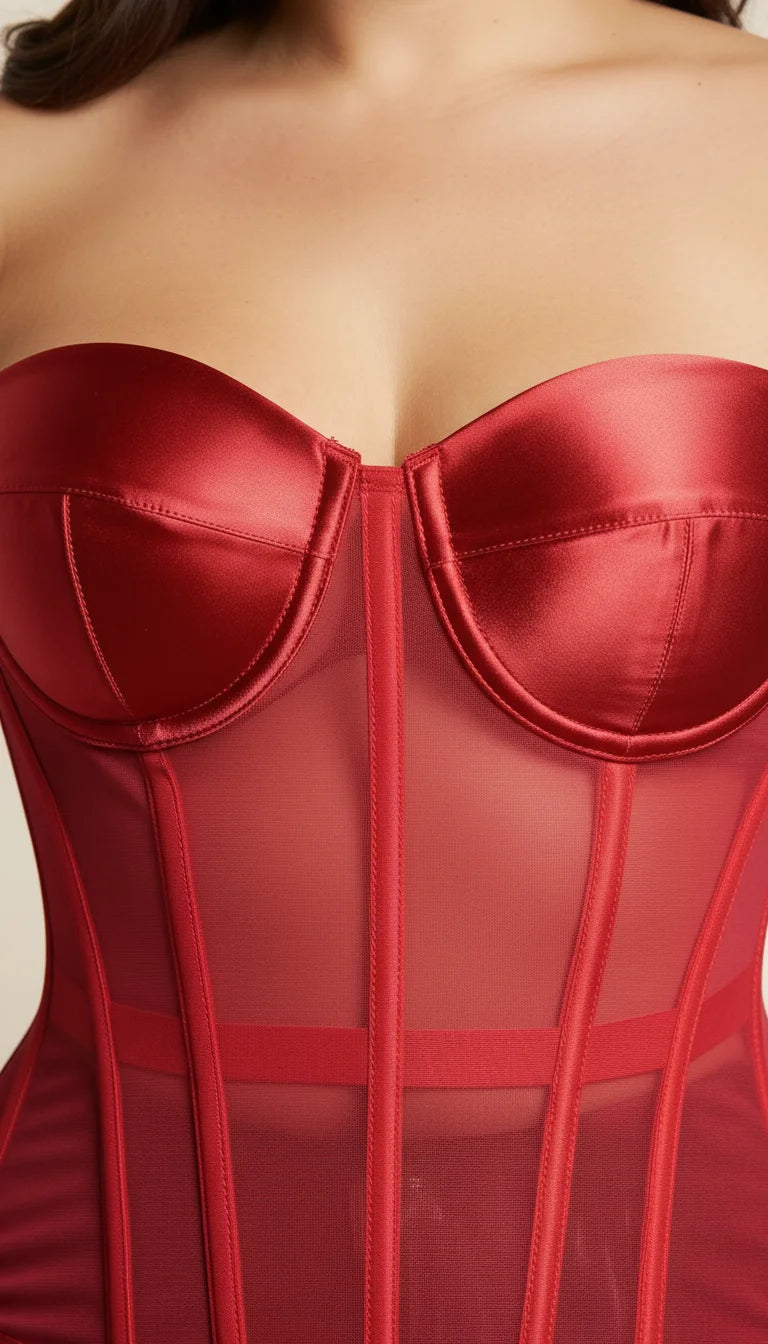 Corset Overbust Maille Satin Rouge - Vue face