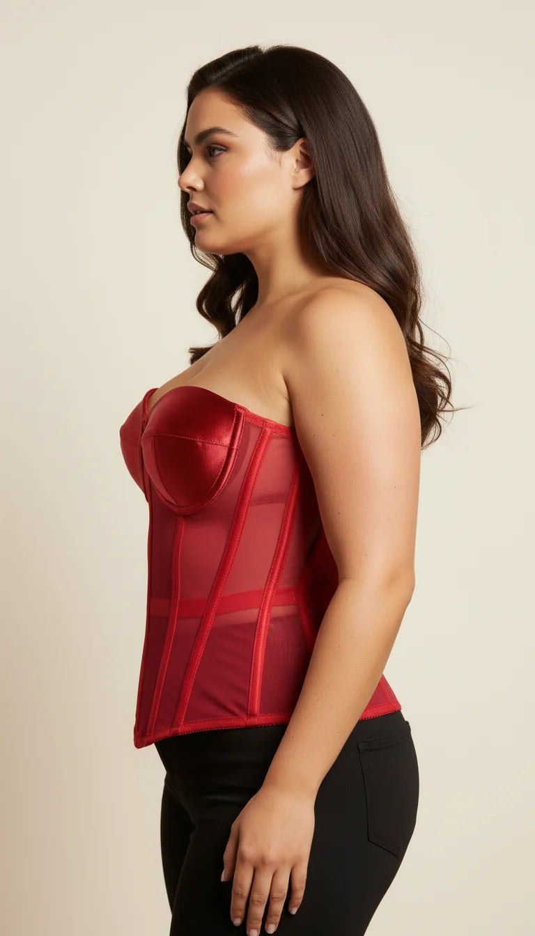 Corset Overbust Maille Satin Rouge - Vue profil