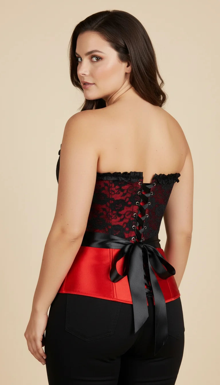 Corset Overbust Rouge Dentelle Noire - Vue dos