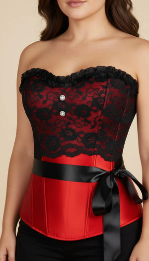 Corset Overbust Rouge Dentelle Noire - Vue face