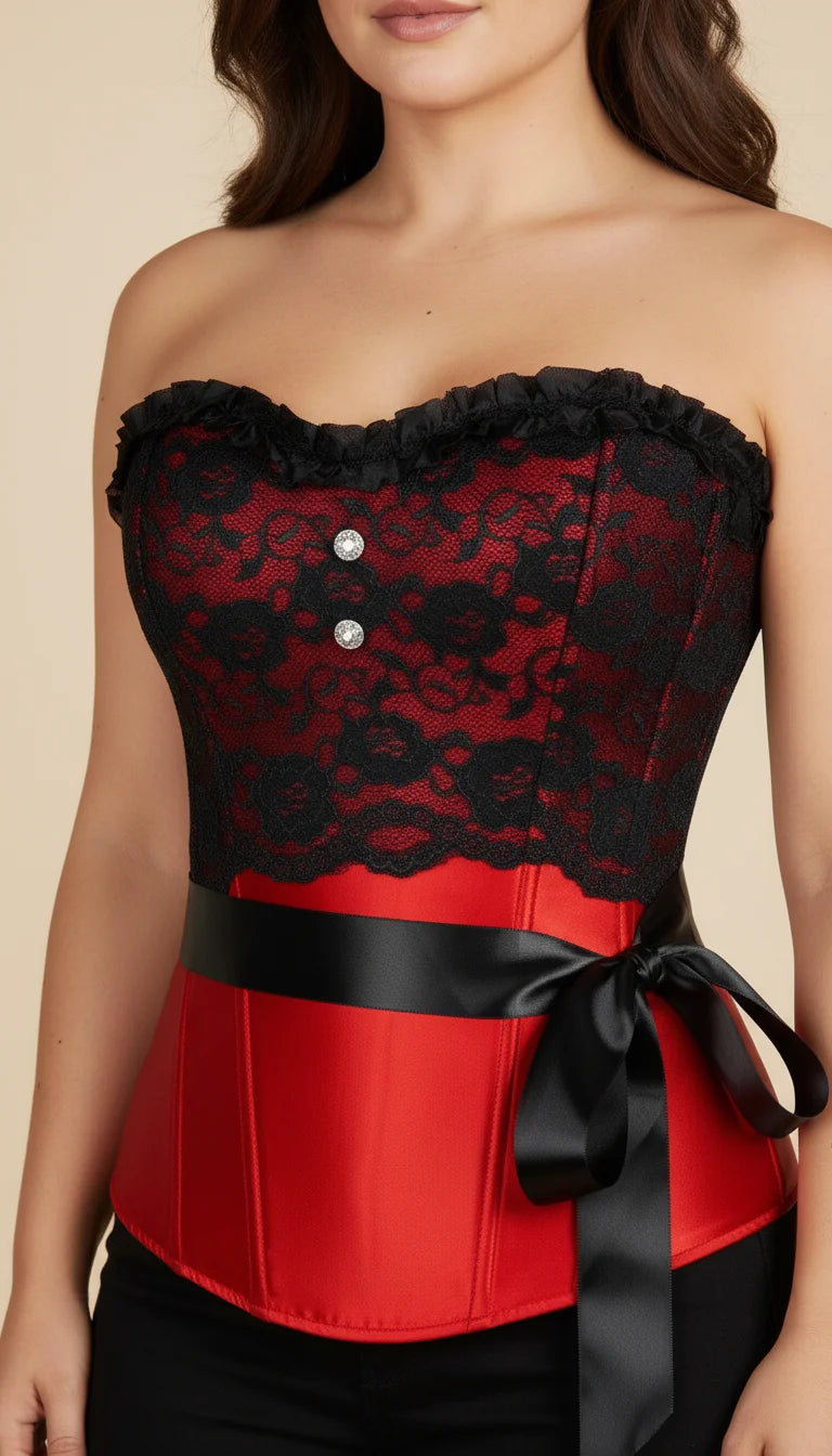 Corset Overbust Rouge Dentelle Noire - Vue face