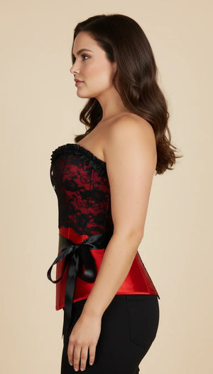 Corset Overbust Rouge Dentelle Noire - Vue profil