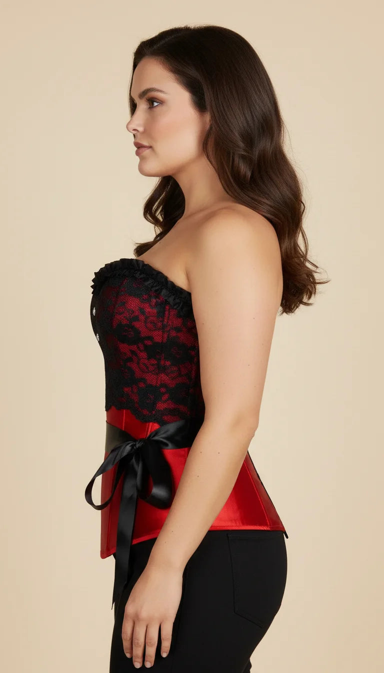 Corset Overbust Rouge Dentelle Noire - Vue profil