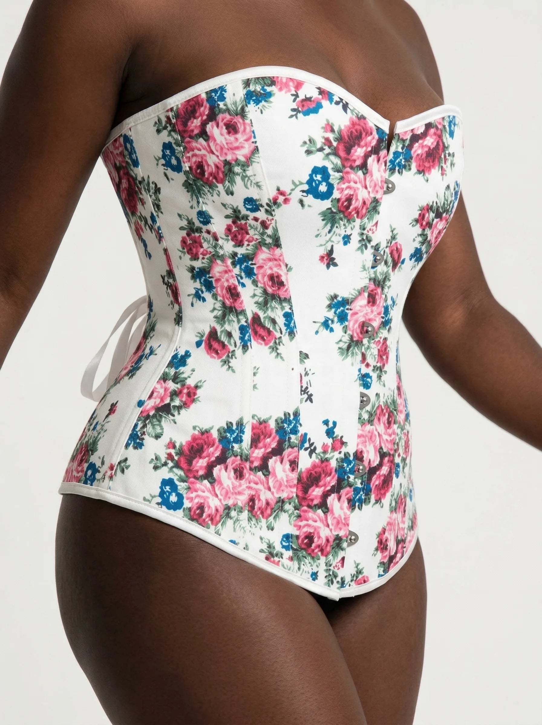 Corset Rose et Blanc - Vue mouvement (curvy)