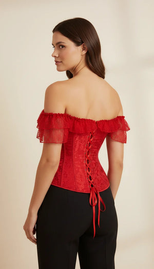 Corset Rouge Dentelle Épaules Dénudées - Vue dos