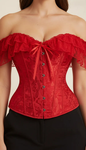 Corset Rouge Dentelle Épaules Dénudées - Vue face