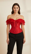 Corset Rouge Dentelle Épaules Dénudées