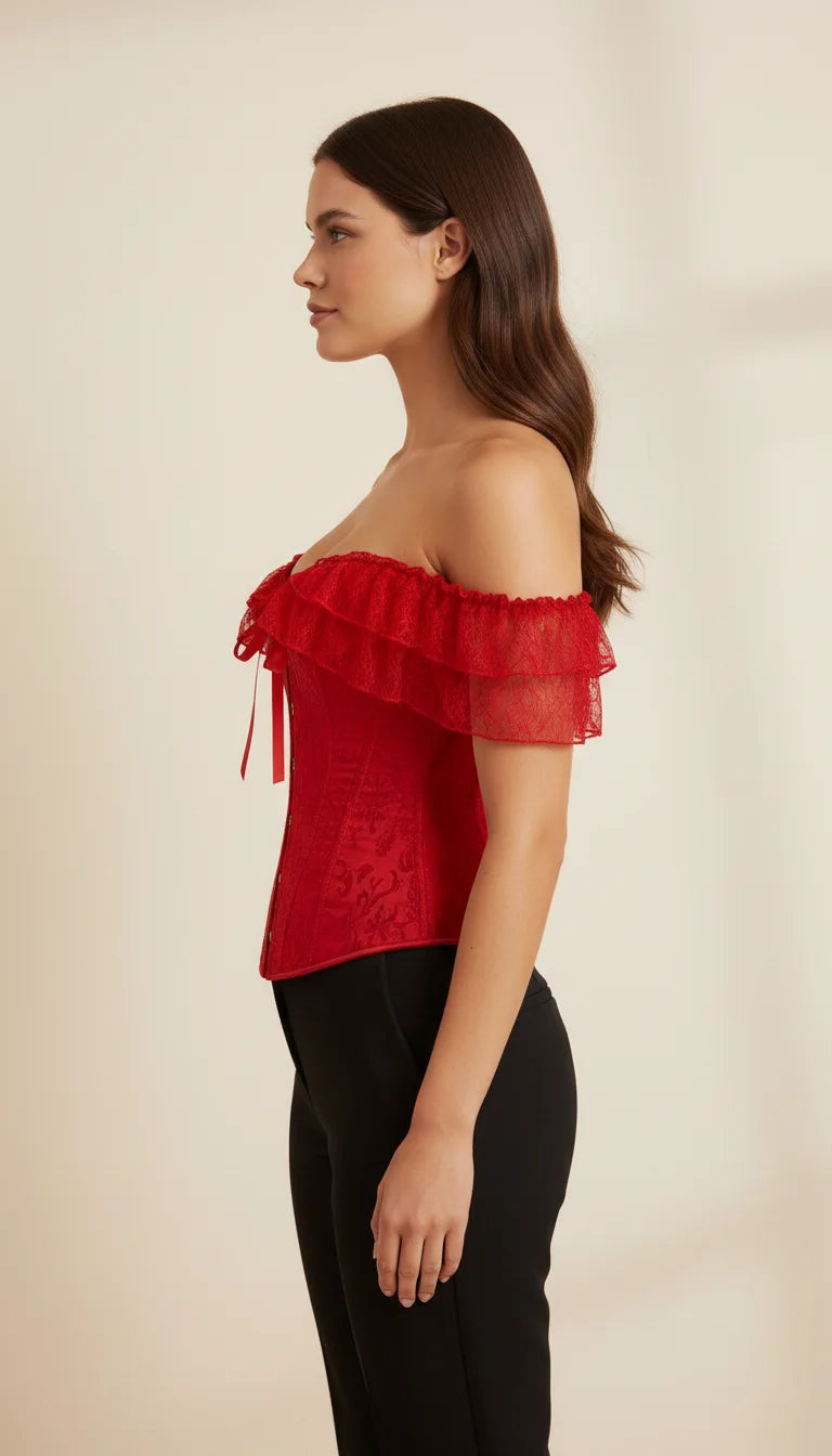 Corset Rouge Dentelle Épaules Dénudées - Vue profil