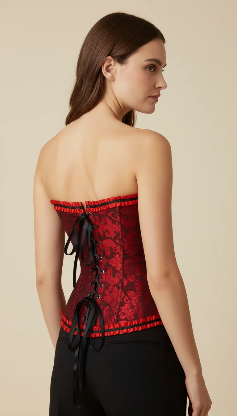Corset Satin Brocart Rouge Noir - Vue dos