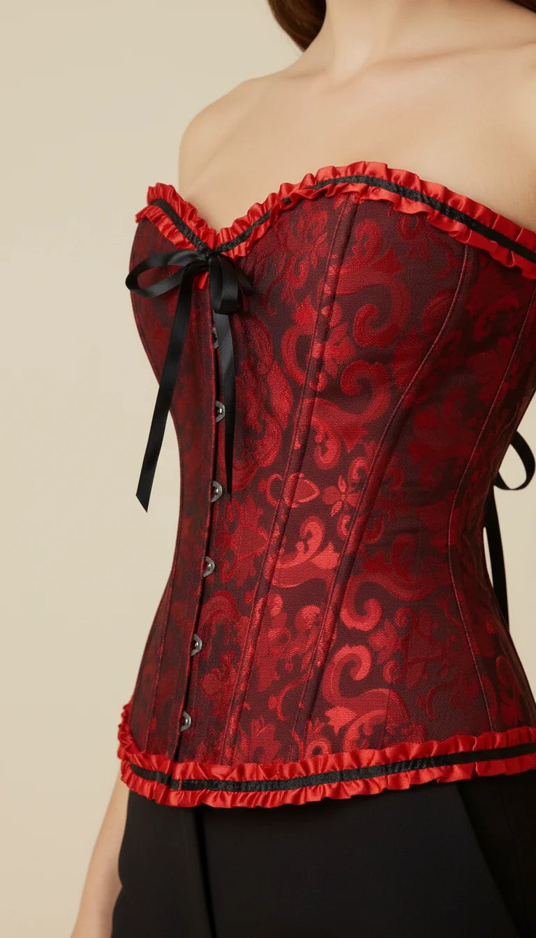 Corset Satin Brocart Rouge Noir - Vue face