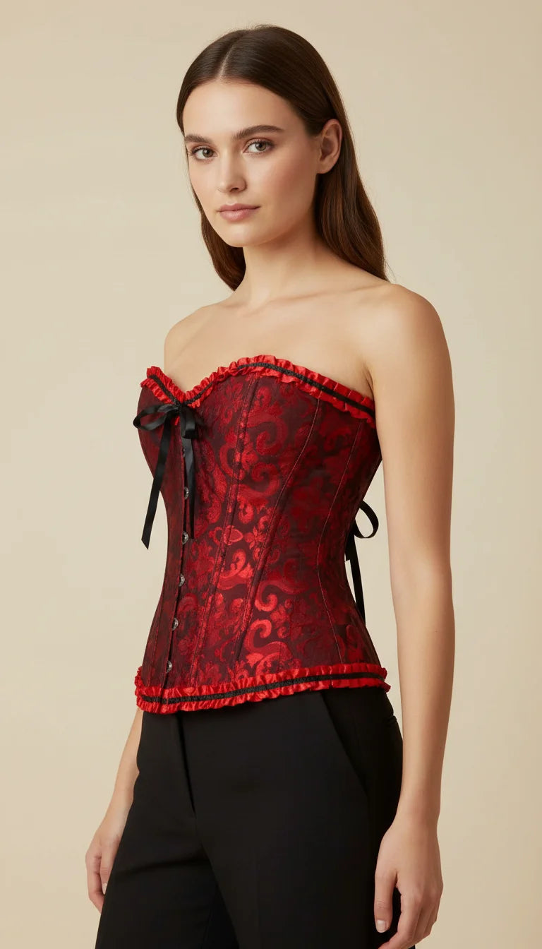 Corset Satin Brocart Rouge Noir