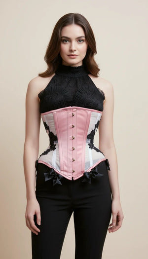 Corset Satin Rose Et Noir - Vue principale