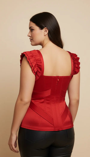 Corset Satiné Bretelles Plissées Rouge