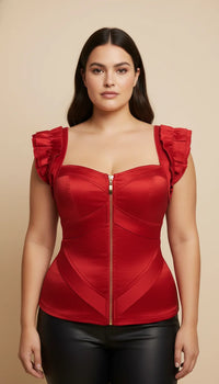 Corset Satiné Bretelles Plissées Rouge