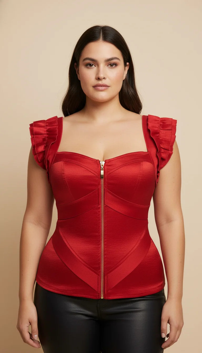 Corset Satiné Bretelles Plissées Rouge