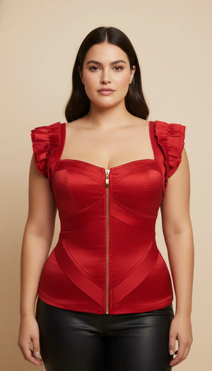 Corset Satiné Bretelles Plissées Rouge