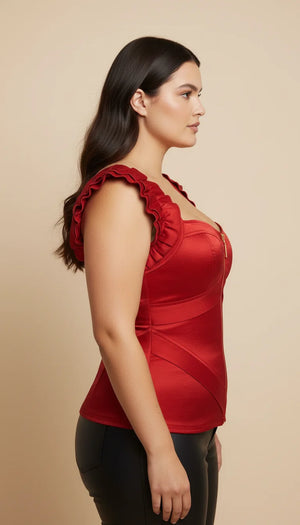 Corset Satiné Bretelles Plissées Rouge