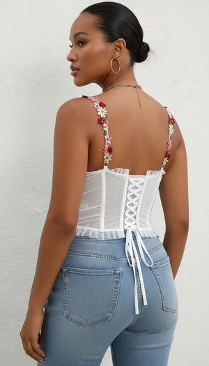 Corset Top Blanc Broderie Fleurs - Vue dos
