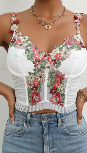 Corset Top Blanc Broderie Fleurs - Vue face