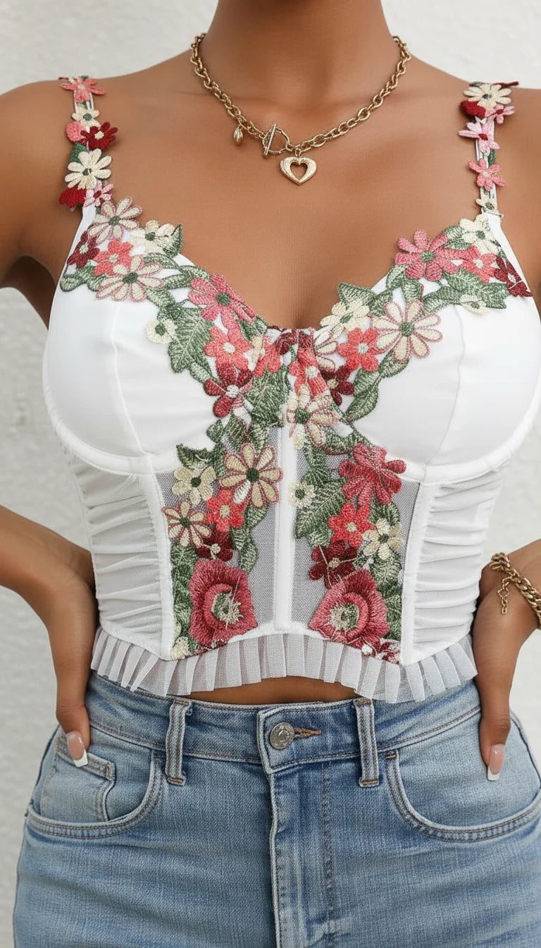 Corset Top Blanc Broderie Fleurs - Vue face