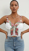 Corset Top Blanc Broderie Fleurs