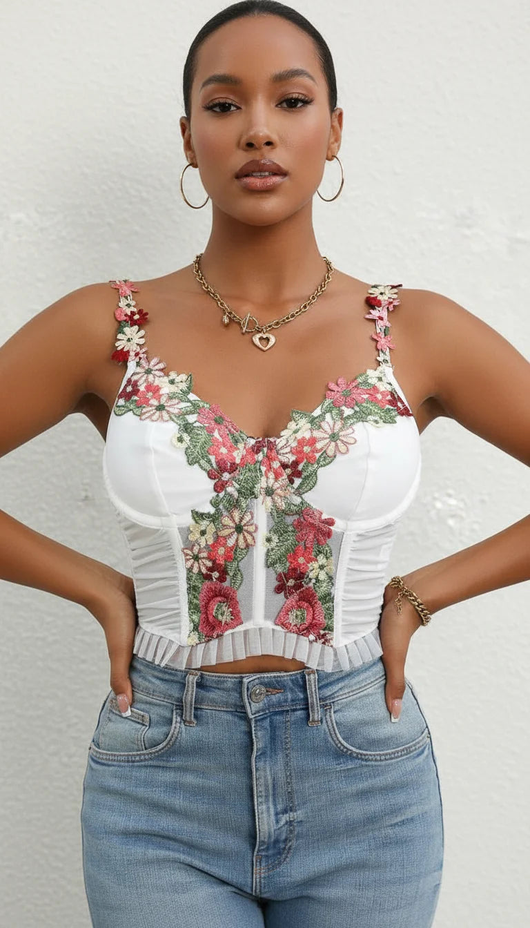 Corset Top Blanc Broderie Fleurs - Vue principale