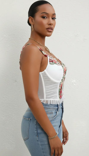 Corset Top Blanc Broderie Fleurs - Vue profil