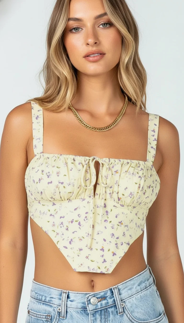 Corset Top Floral Asymétrique Jaune Pâle - Vue principale
