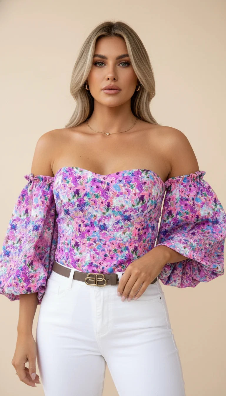 Corset Top Floral Épaules Dénudées - Vue principale
